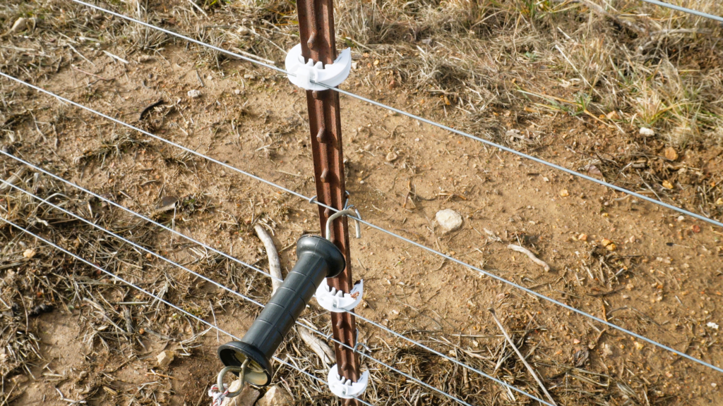 gate handle with poly wire attached to handle hooked on a electric fence