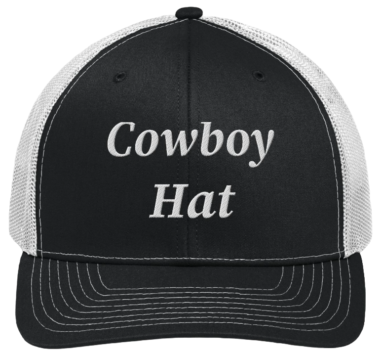 A trucker style cap with "Cowboy Hat" embroidered on the front.