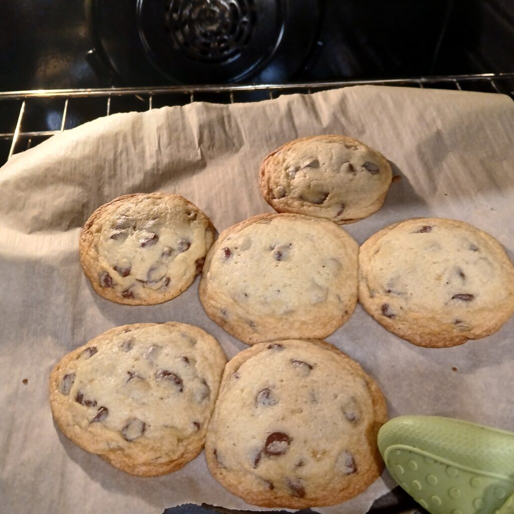 Chocolate chip cookies in oven