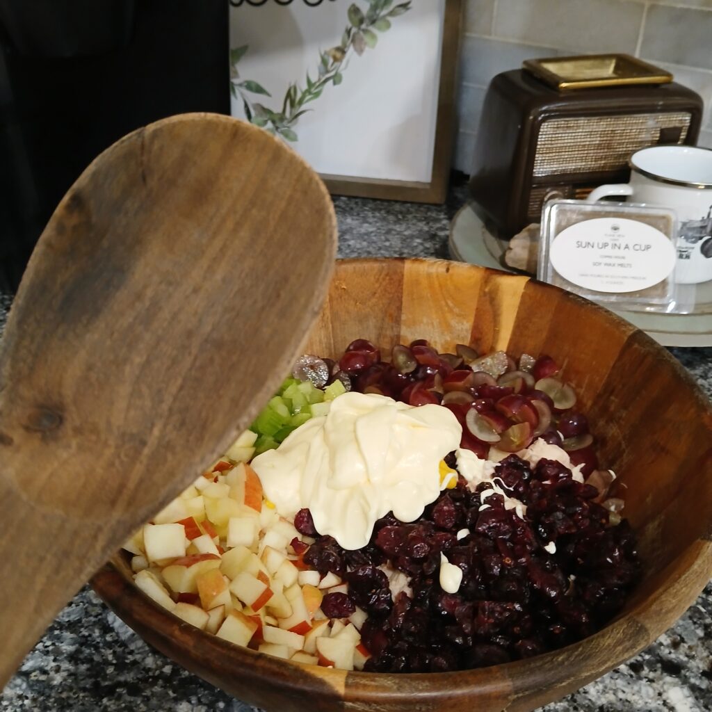 Ingredients for chicken salad in a bowl